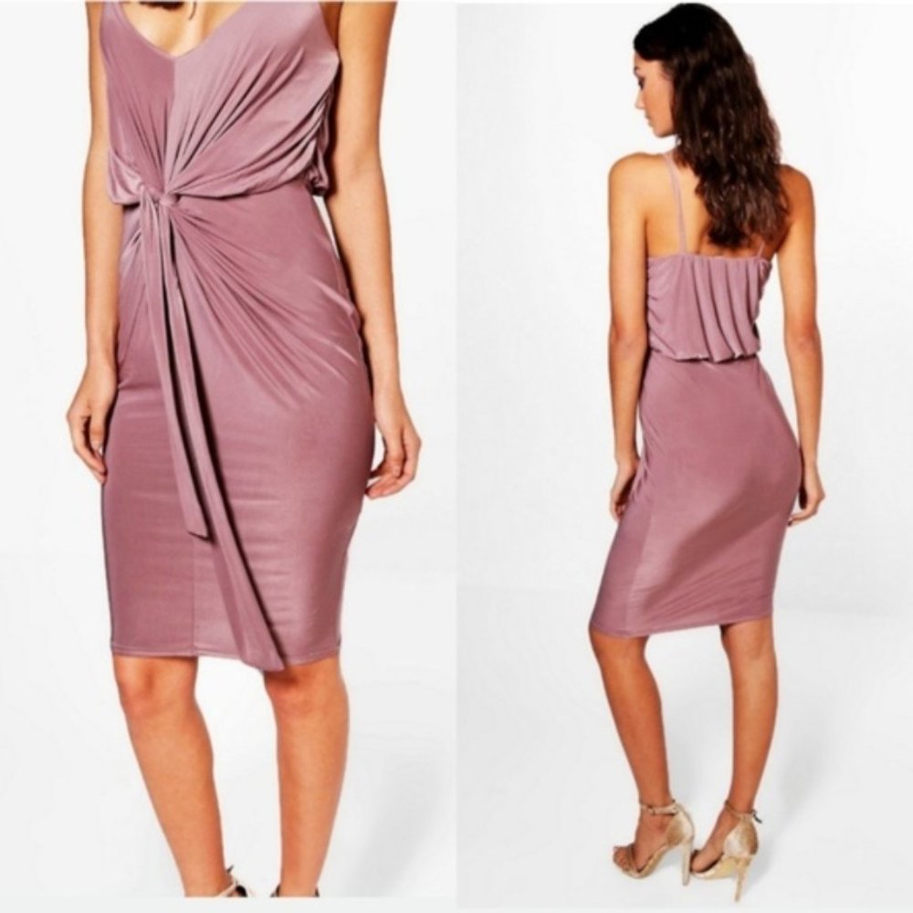 BOOHOO lavender tie front knot dress